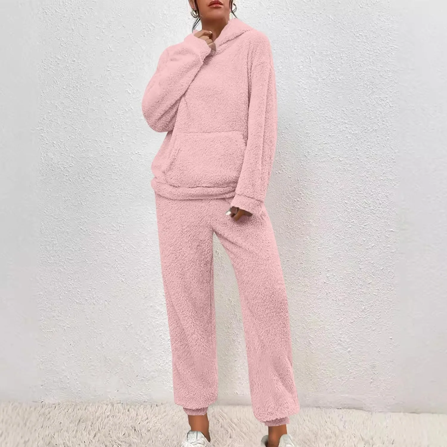 Fuzzy Pajamas Set Women Plus Size Winter Lounge Set Warm Fluffy Sleepwear Casual Hoodies and Pants Sets Comfy Pj Set
