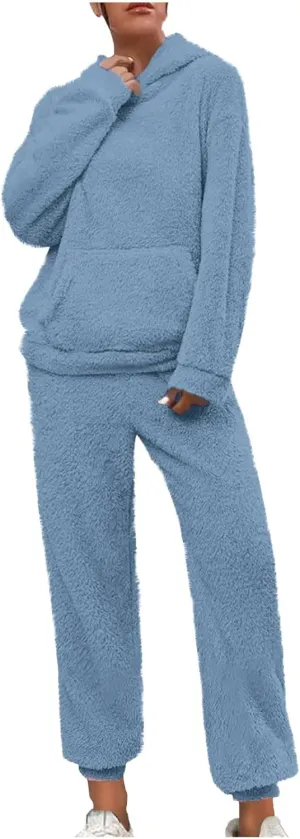 Fuzzy Pajamas Set Women Plus Size Winter Lounge Set Warm Fluffy Sleepwear Casual Hoodies and Pants Sets Comfy Pj Set