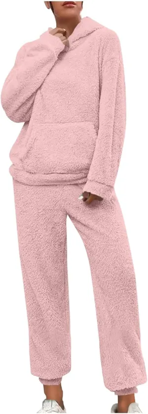Fuzzy Pajamas Set Women Plus Size Winter Lounge Set Warm Fluffy Sleepwear Casual Hoodies and Pants Sets Comfy Pj Set