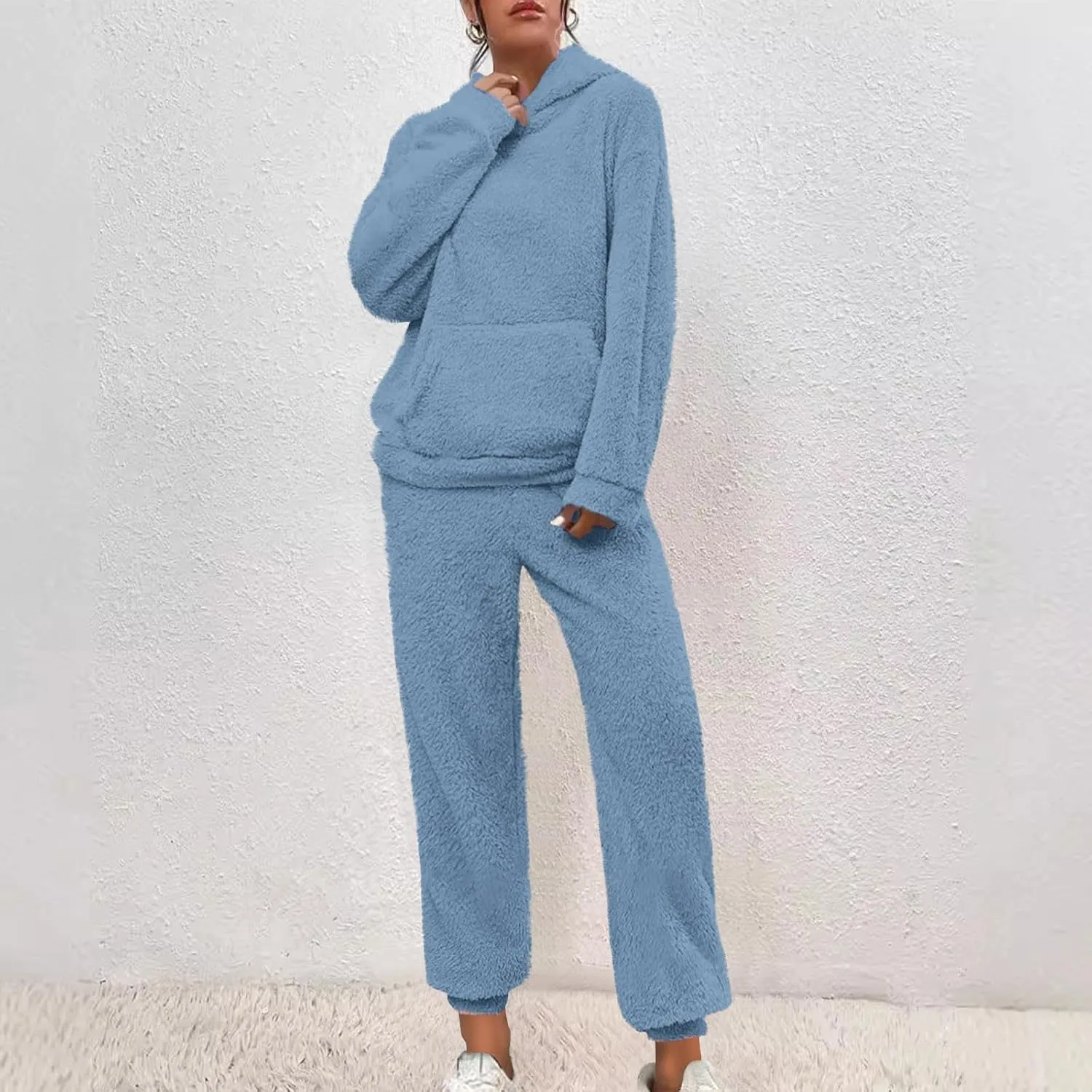 Fuzzy Pajamas Set Women Plus Size Winter Lounge Set Warm Fluffy Sleepwear Casual Hoodies and Pants Sets Comfy Pj Set