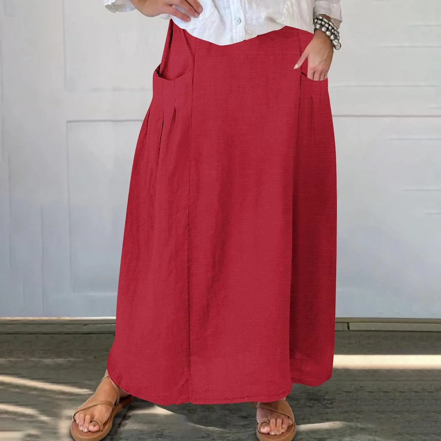 FZYLQY Womens High Waist Maxi Skirts Casual Loose Fit Flowy Swing Pleated A Line Long Skirts Solid Color Skirts with Pocket