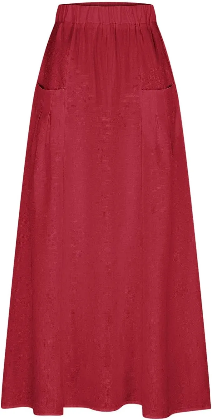 FZYLQY Womens High Waist Maxi Skirts Casual Loose Fit Flowy Swing Pleated A Line Long Skirts Solid Color Skirts with Pocket
