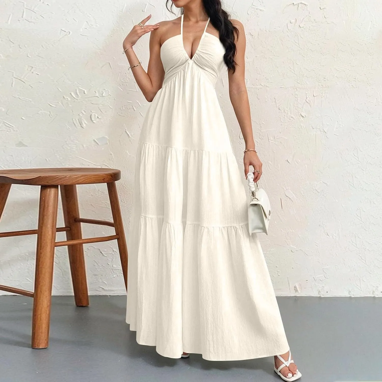 Halter Maxi Dresses for Women 2025 Elegant Classy a Line Prom Dress Tea Party Spaghetti Strap Low Cut Cocktail Dress