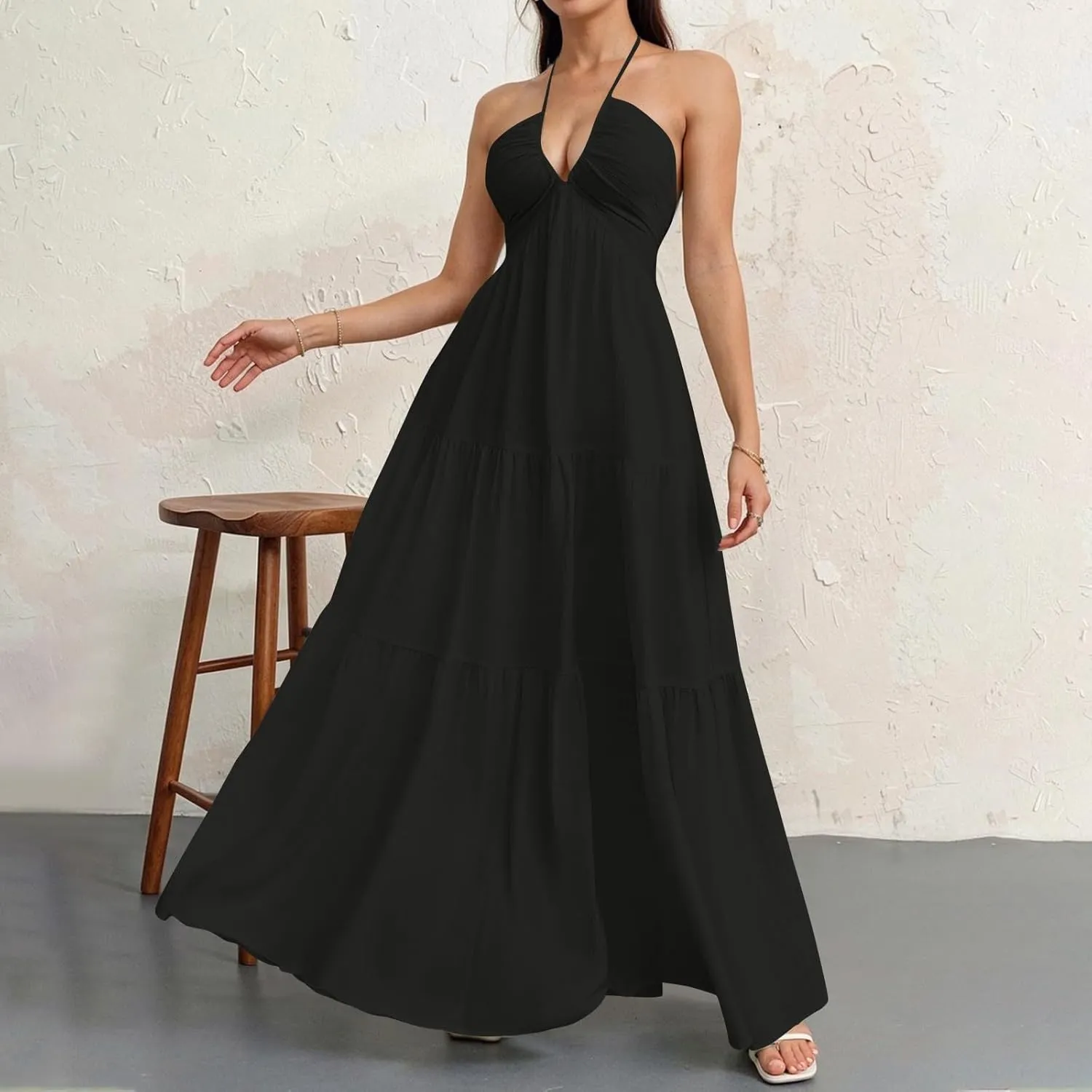 Halter Maxi Dresses for Women 2025 Elegant Classy a Line Prom Dress Tea Party Spaghetti Strap Low Cut Cocktail Dress