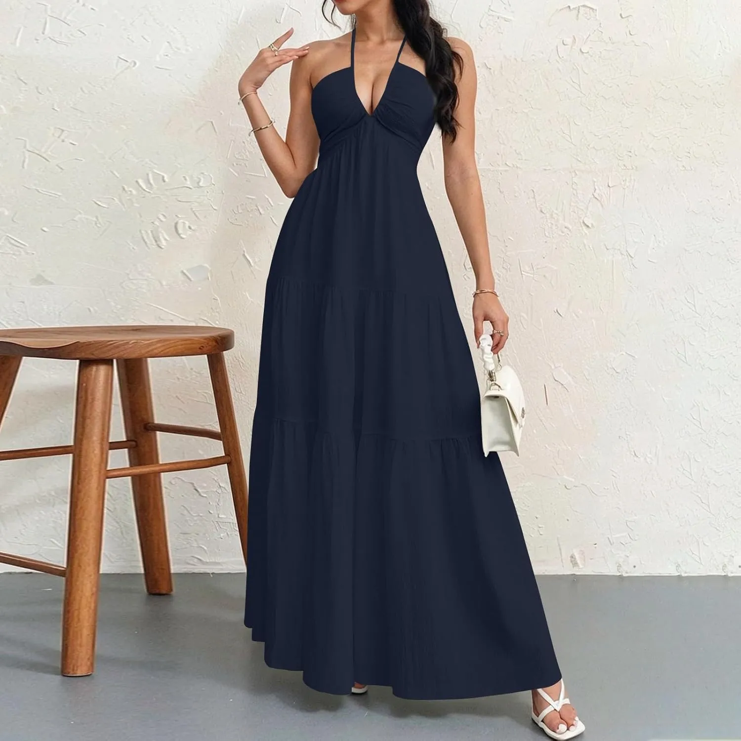 Halter Maxi Dresses for Women 2025 Elegant Classy a Line Prom Dress Tea Party Spaghetti Strap Low Cut Cocktail Dress