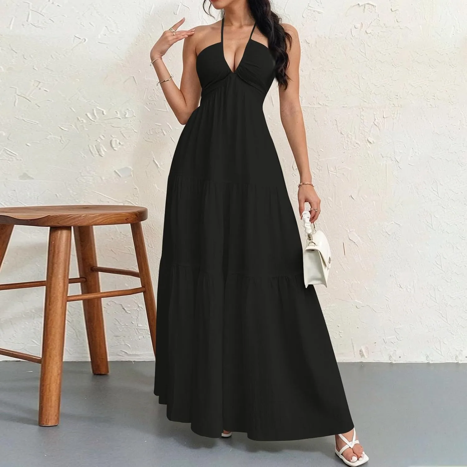 Halter Maxi Dresses for Women 2025 Elegant Classy a Line Prom Dress Tea Party Spaghetti Strap Low Cut Cocktail Dress