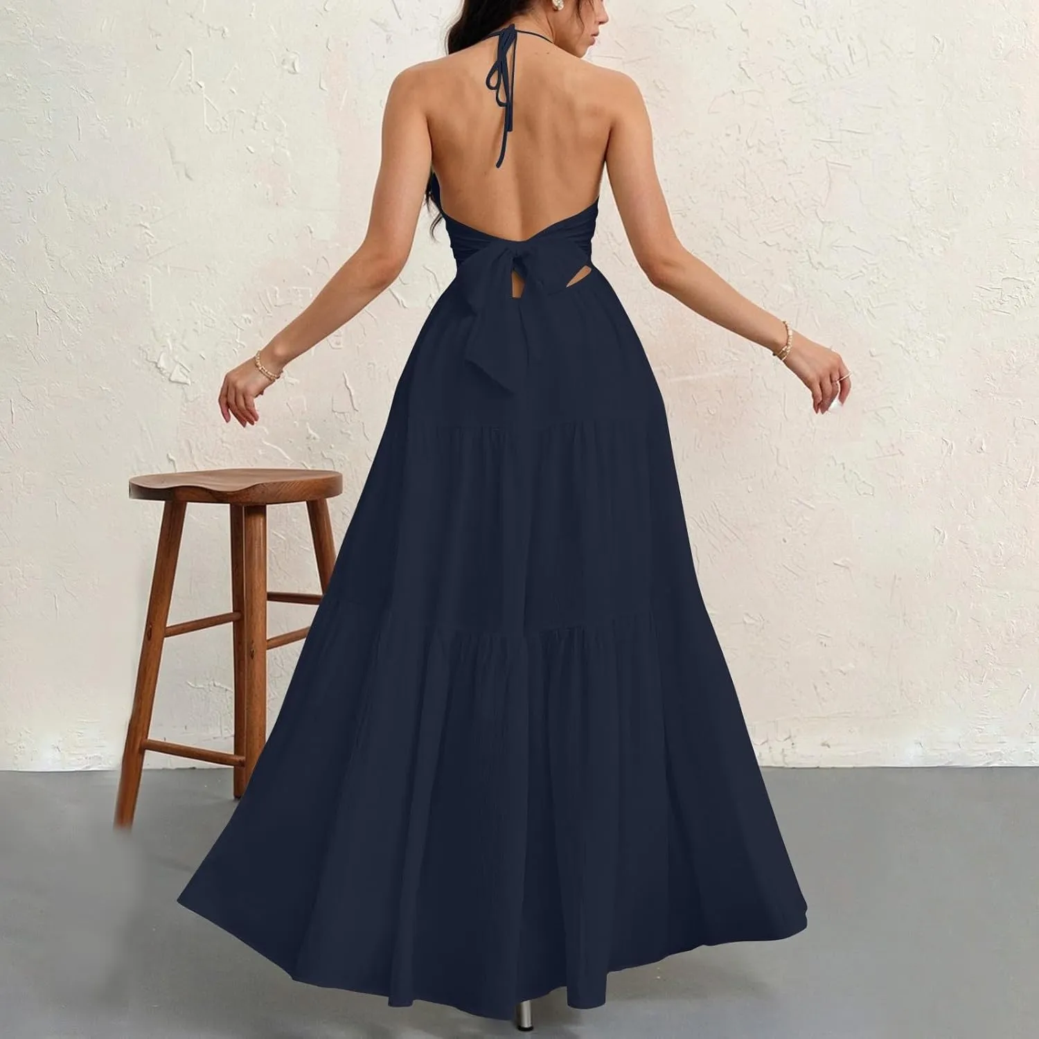 Halter Maxi Dresses for Women 2025 Elegant Classy a Line Prom Dress Tea Party Spaghetti Strap Low Cut Cocktail Dress