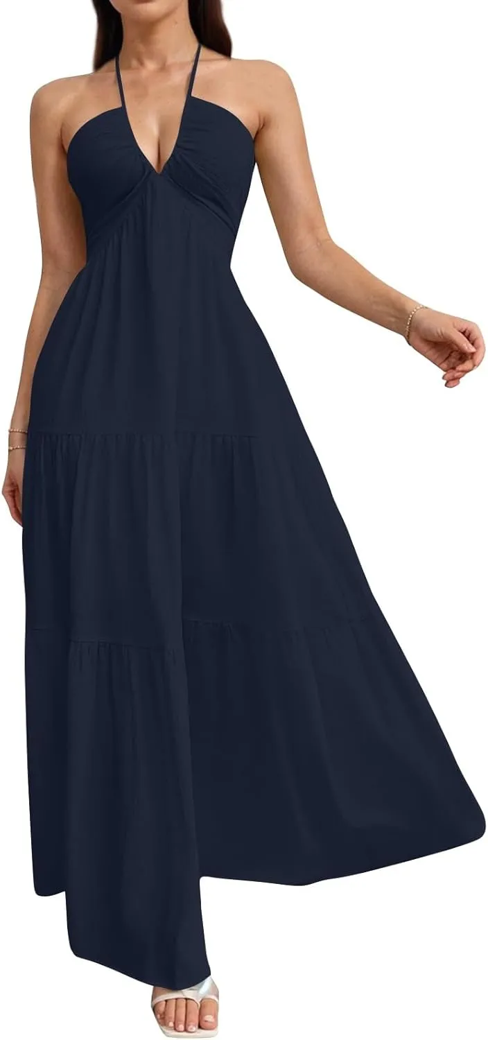 Halter Maxi Dresses for Women 2025 Elegant Classy a Line Prom Dress Tea Party Spaghetti Strap Low Cut Cocktail Dress