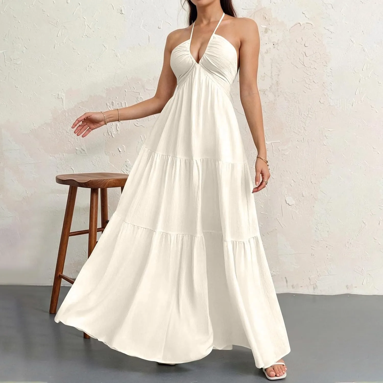 Halter Maxi Dresses for Women 2025 Elegant Classy a Line Prom Dress Tea Party Spaghetti Strap Low Cut Cocktail Dress
