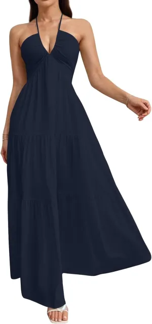 Halter Maxi Dresses for Women 2025 Elegant Classy a Line Prom Dress Tea Party Spaghetti Strap Low Cut Cocktail Dress