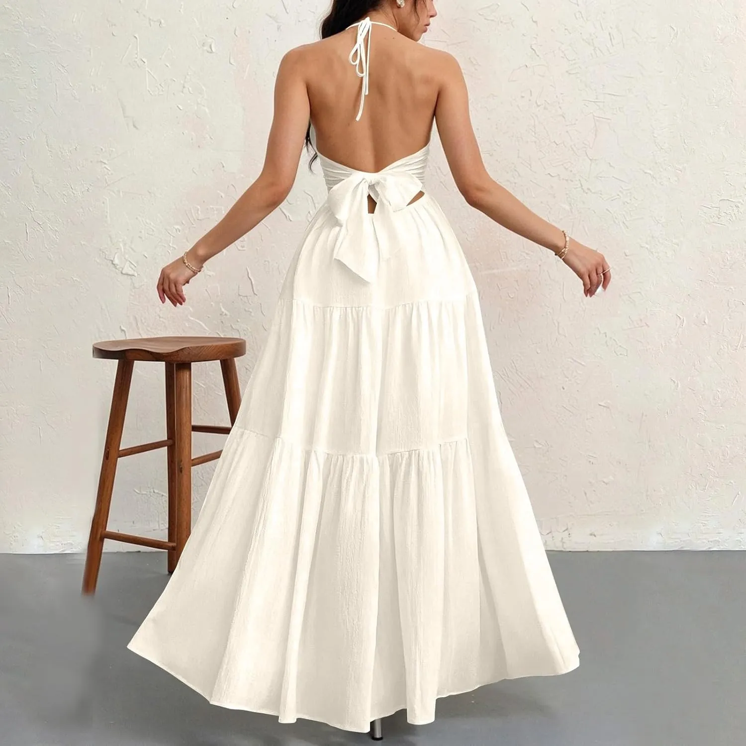 Halter Maxi Dresses for Women 2025 Elegant Classy a Line Prom Dress Tea Party Spaghetti Strap Low Cut Cocktail Dress