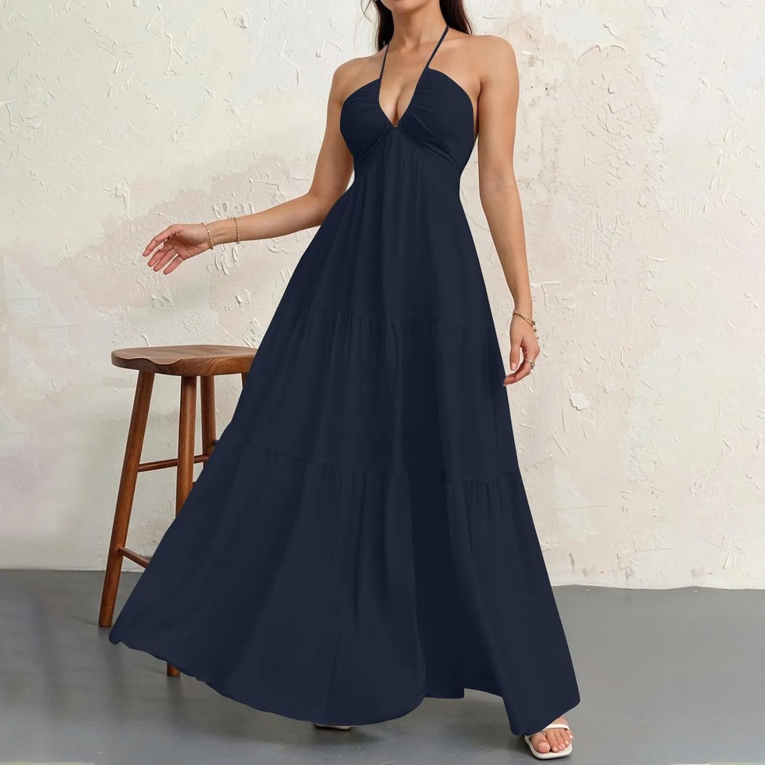 Halter Maxi Dresses for Women 2025 Elegant Classy a Line Prom Dress Tea Party Spaghetti Strap Low Cut Cocktail Dress