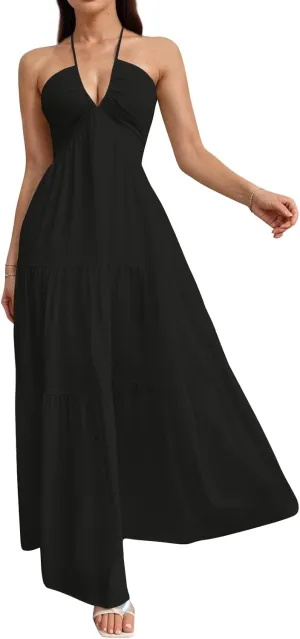 Halter Maxi Dresses for Women 2025 Elegant Classy a Line Prom Dress Tea Party Spaghetti Strap Low Cut Cocktail Dress