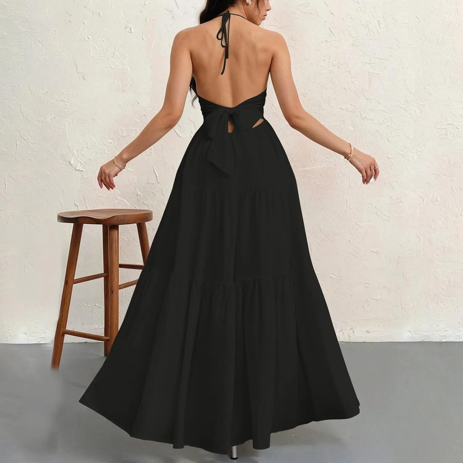 Halter Maxi Dresses for Women 2025 Elegant Classy a Line Prom Dress Tea Party Spaghetti Strap Low Cut Cocktail Dress