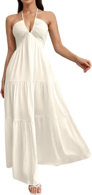 Halter Maxi Dresses for Women 2025 Elegant Classy a Line Prom Dress Tea Party Spaghetti Strap Low Cut Cocktail Dress