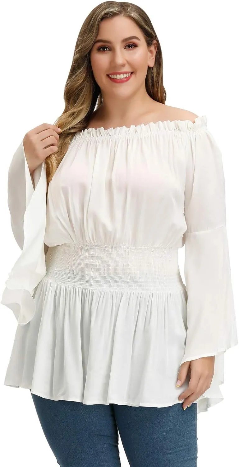 Hanna Nikole Womens Plus Size Renaissance Blouse Off Shoulder Trumpet Sleeve Peasant Tops