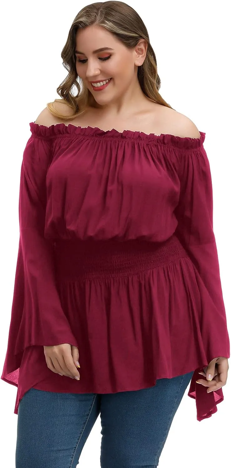 Hanna Nikole Womens Plus Size Renaissance Blouse Off Shoulder Trumpet Sleeve Peasant Tops