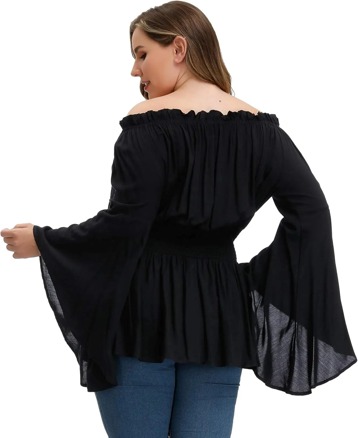 Hanna Nikole Womens Plus Size Renaissance Blouse Off Shoulder Trumpet Sleeve Peasant Tops