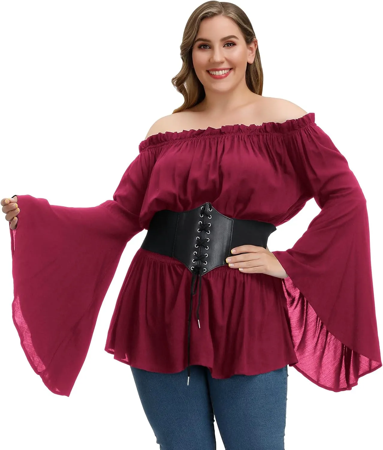 Hanna Nikole Womens Plus Size Renaissance Blouse Off Shoulder Trumpet Sleeve Peasant Tops