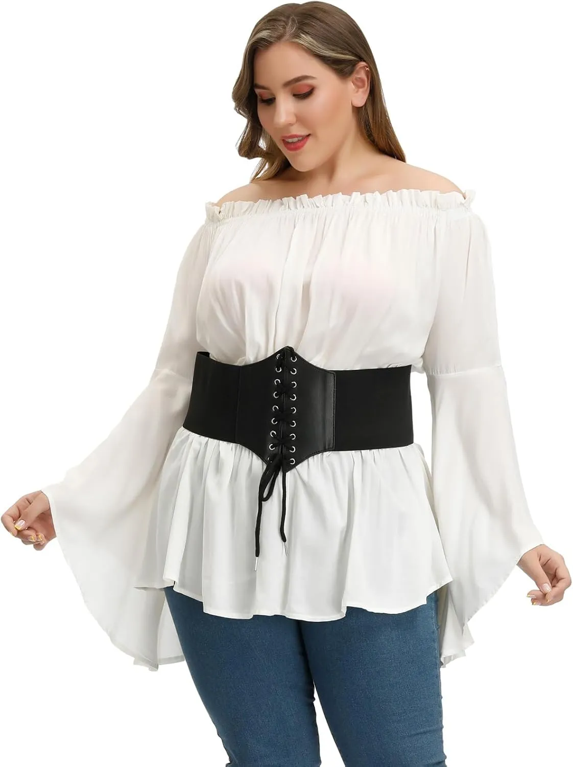 Hanna Nikole Womens Plus Size Renaissance Blouse Off Shoulder Trumpet Sleeve Peasant Tops