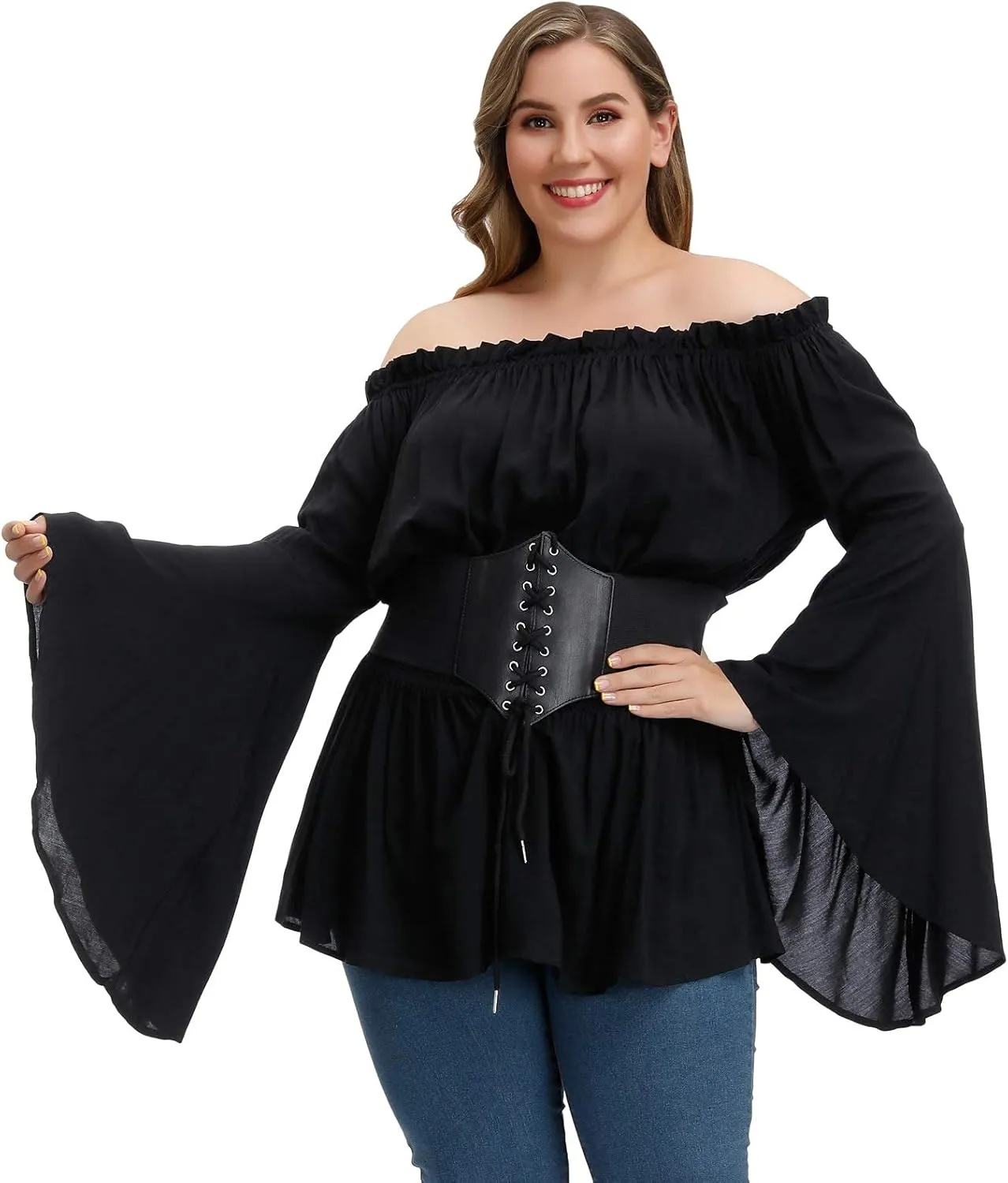 Hanna Nikole Womens Plus Size Renaissance Blouse Off Shoulder Trumpet Sleeve Peasant Tops