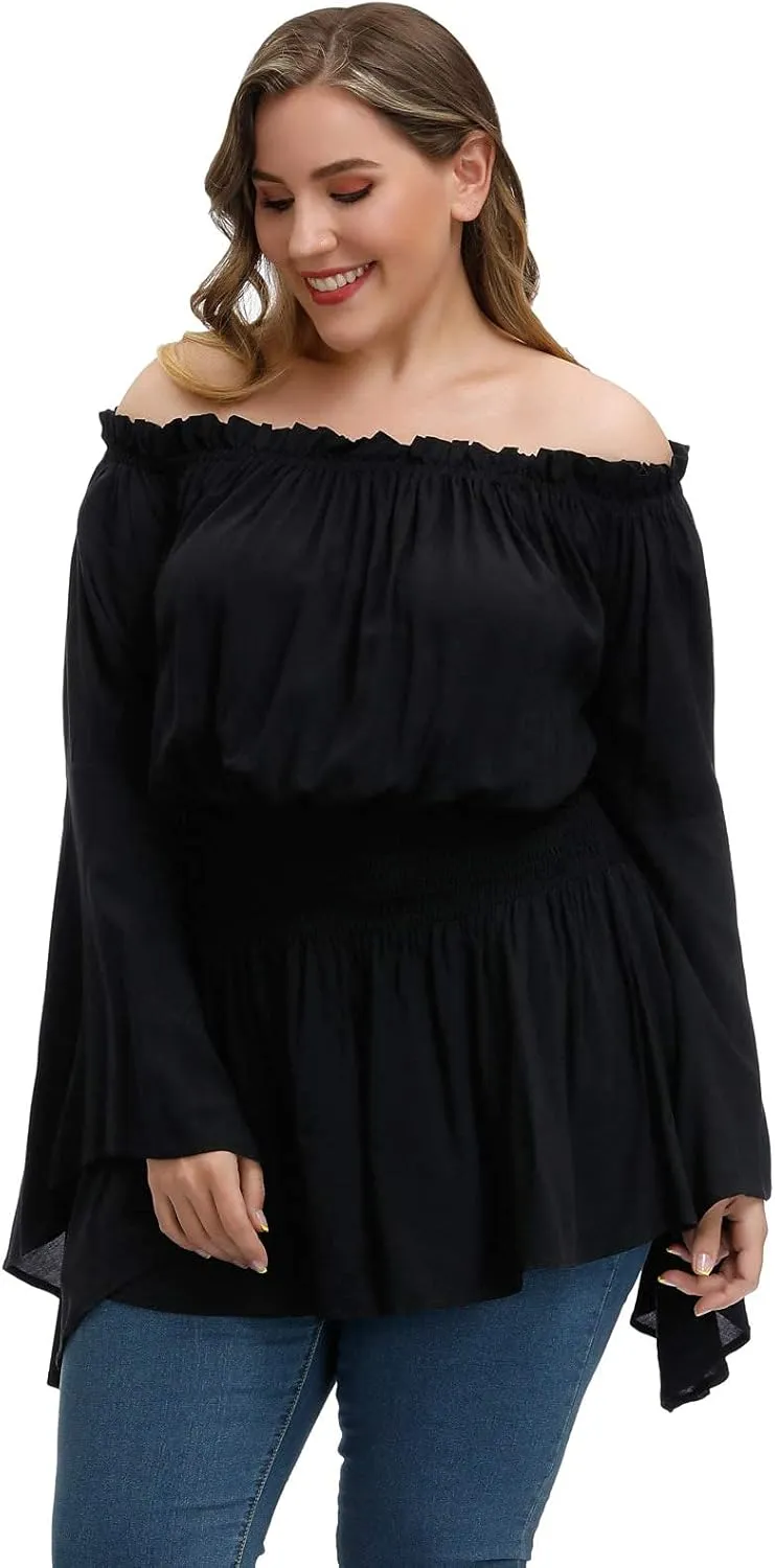 Hanna Nikole Womens Plus Size Renaissance Blouse Off Shoulder Trumpet Sleeve Peasant Tops