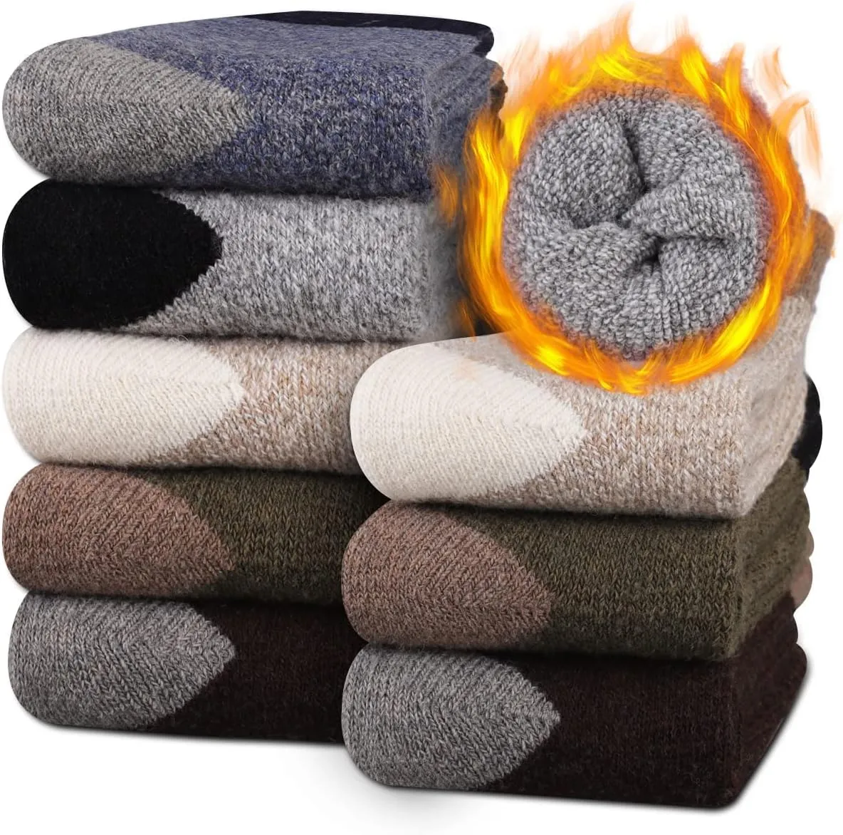 Heatuff Mens Thick Wool Socks Thermal Warm Winter Crew Socks 5 Pairs Multicolors