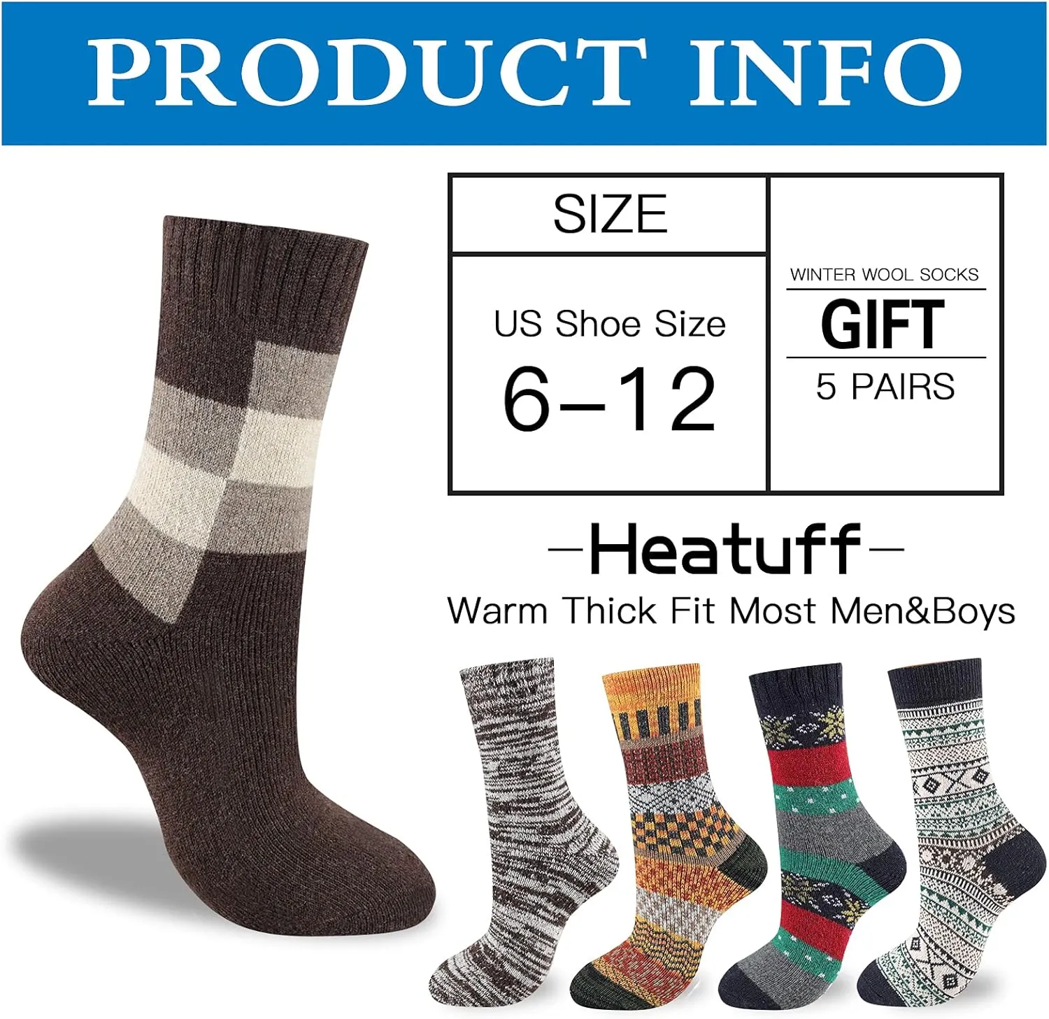Heatuff Mens Thick Wool Socks Thermal Warm Winter Crew Socks 5 Pairs Multicolors