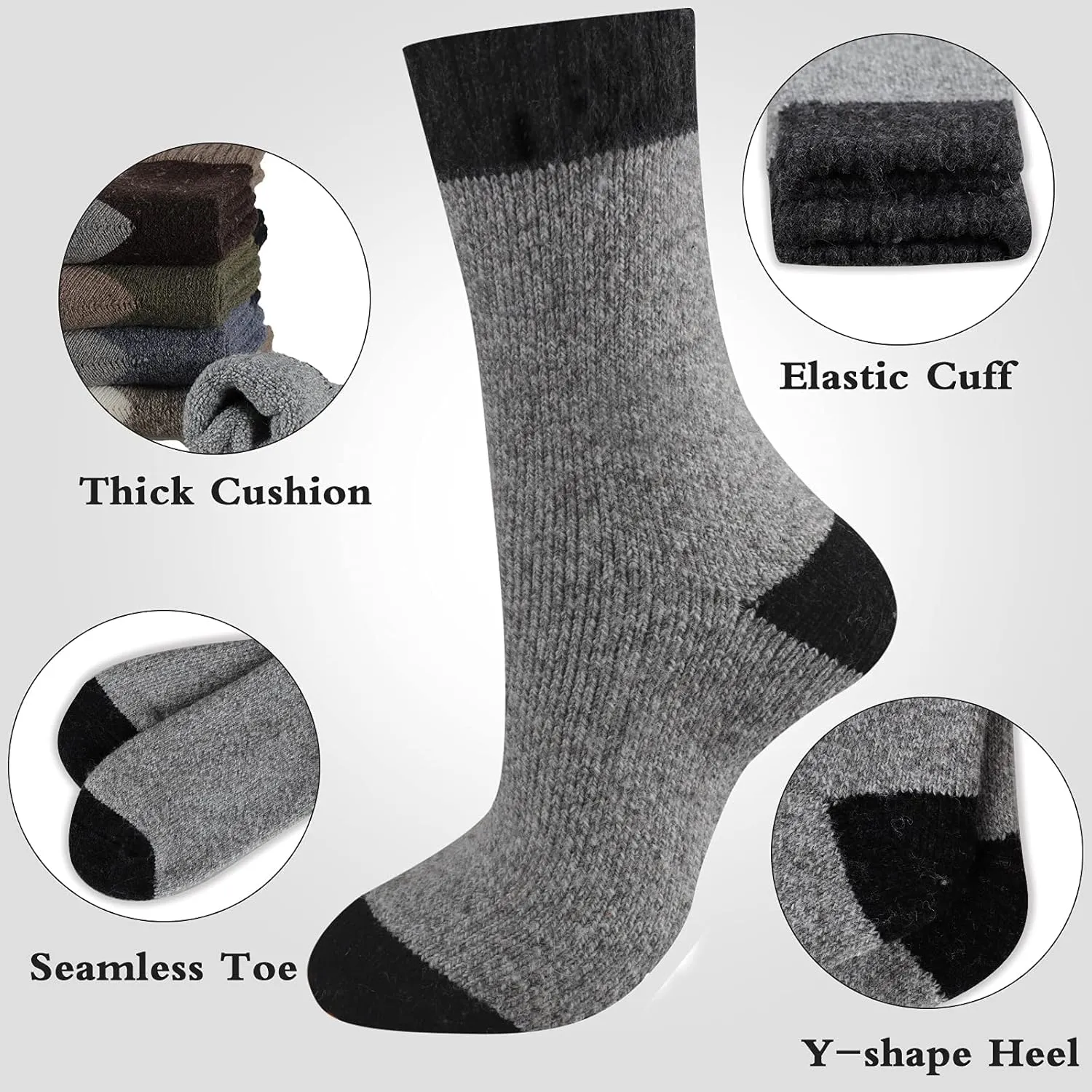 Heatuff Mens Thick Wool Socks Thermal Warm Winter Crew Socks 5 Pairs Multicolors