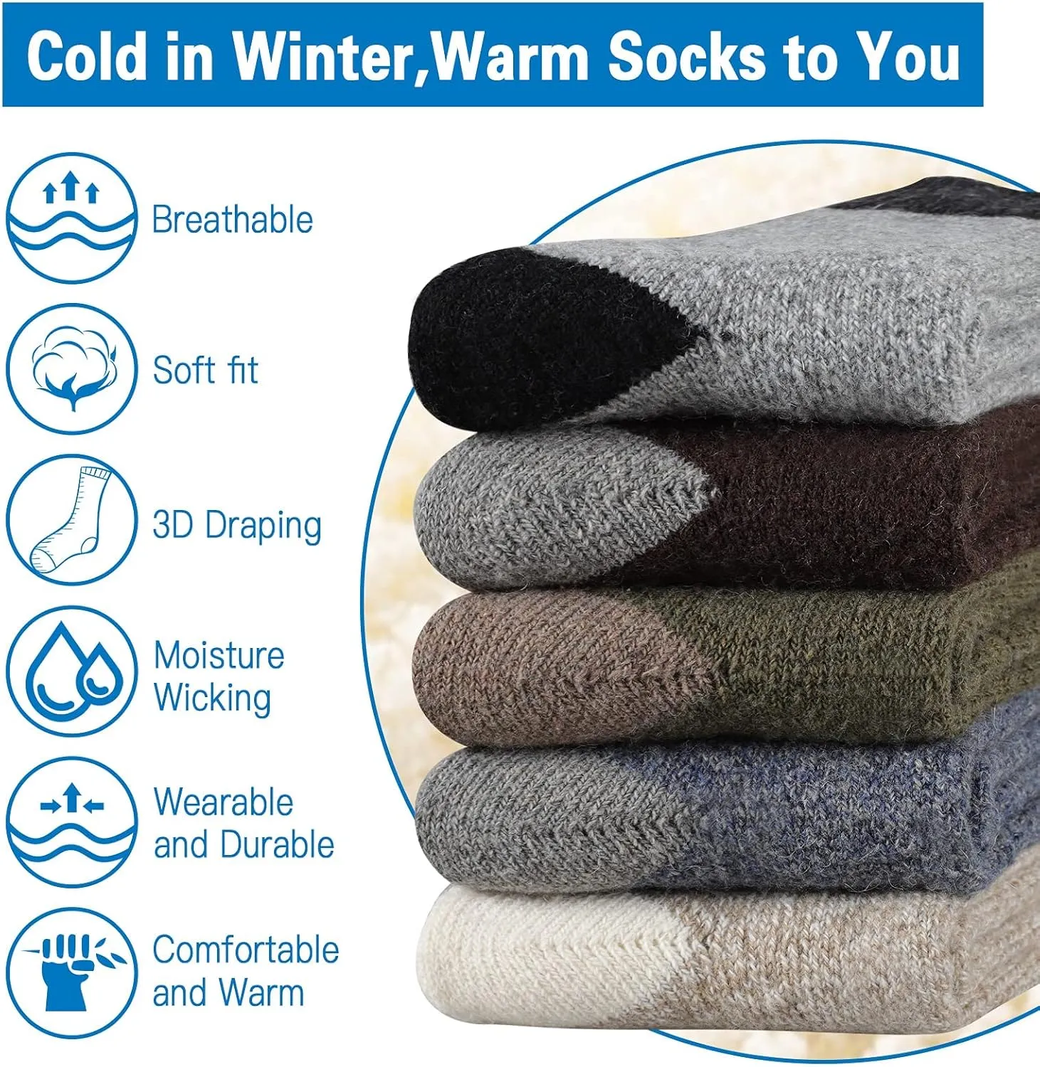 Heatuff Mens Thick Wool Socks Thermal Warm Winter Crew Socks 5 Pairs Multicolors