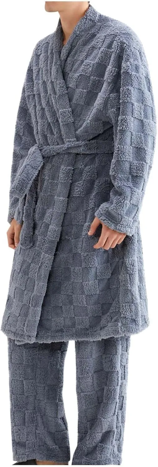 HGps8w 2 Piece Outfits for Women Fuzzy Fleece Lounge Sets, Long Belted Bath Robe & Soft Long Pants Pajamas Sleepwear