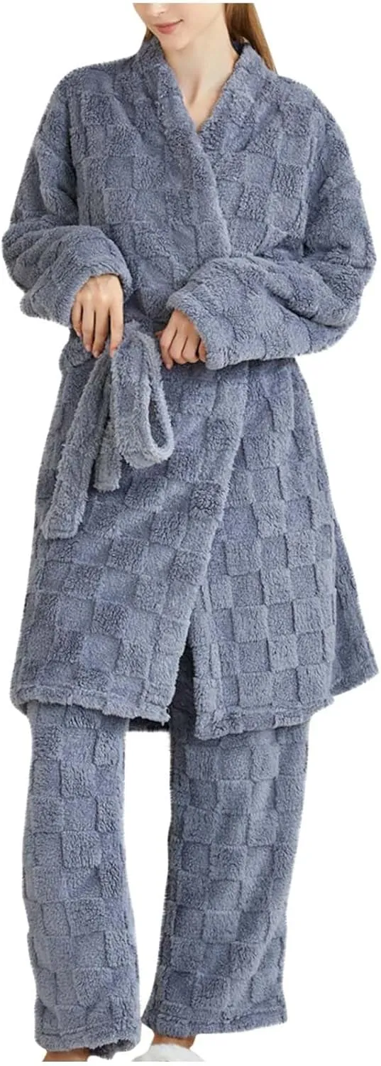 HGps8w 2 Piece Outfits for Women Fuzzy Fleece Lounge Sets, Long Belted Bath Robe & Soft Long Pants Pajamas Sleepwear