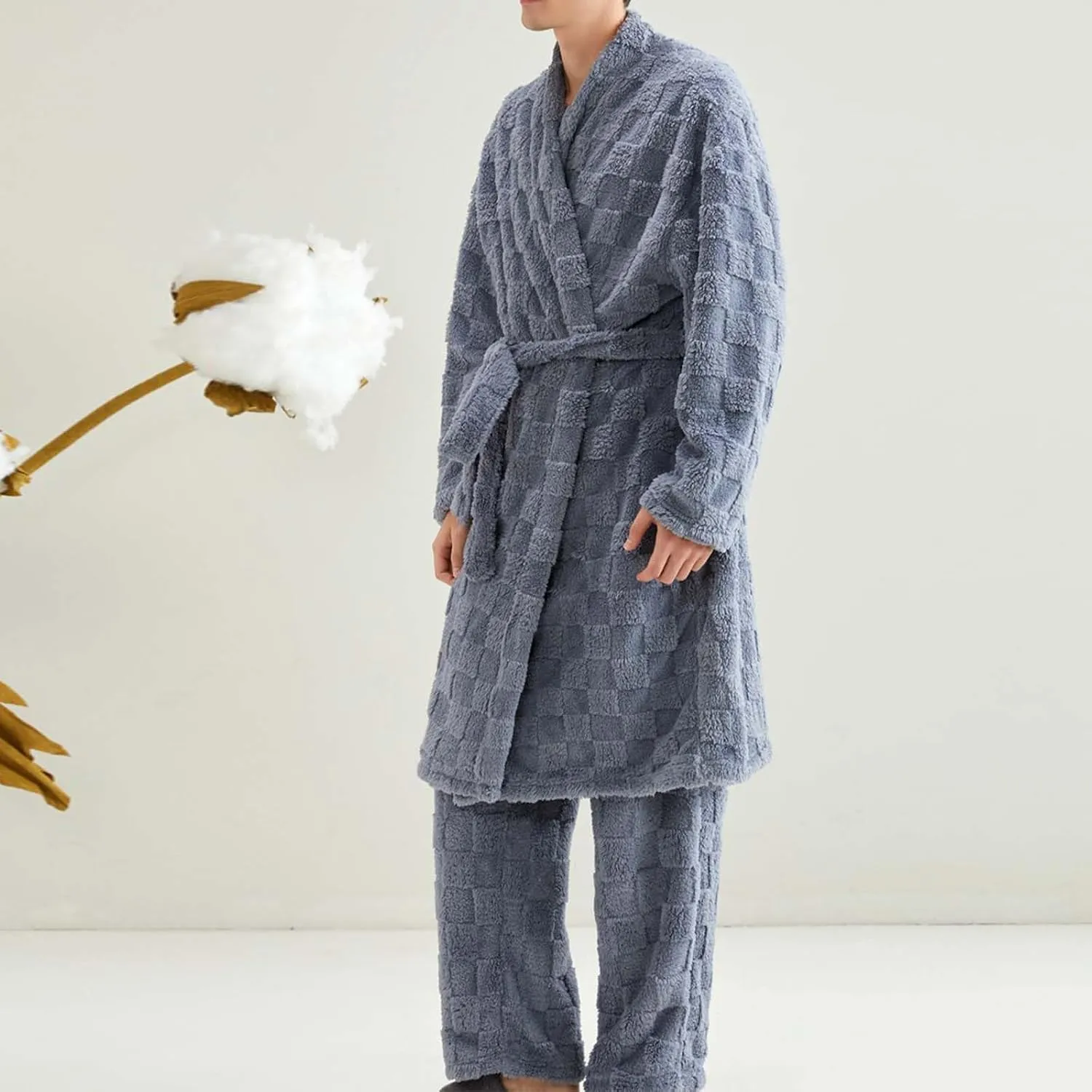 HGps8w 2 Piece Outfits for Women Fuzzy Fleece Lounge Sets, Long Belted Bath Robe & Soft Long Pants Pajamas Sleepwear