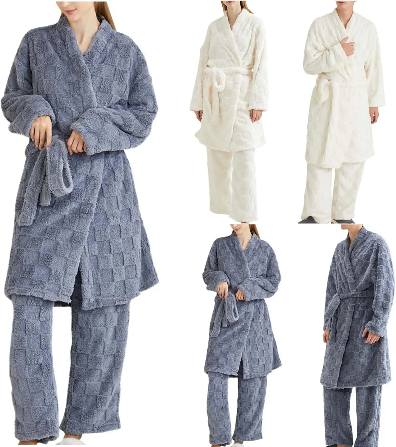 HGps8w 2 Piece Outfits for Women Fuzzy Fleece Lounge Sets, Long Belted Bath Robe & Soft Long Pants Pajamas Sleepwear