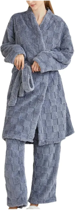 HGps8w 2 Piece Outfits for Women Fuzzy Fleece Lounge Sets, Long Belted Bath Robe & Soft Long Pants Pajamas Sleepwear