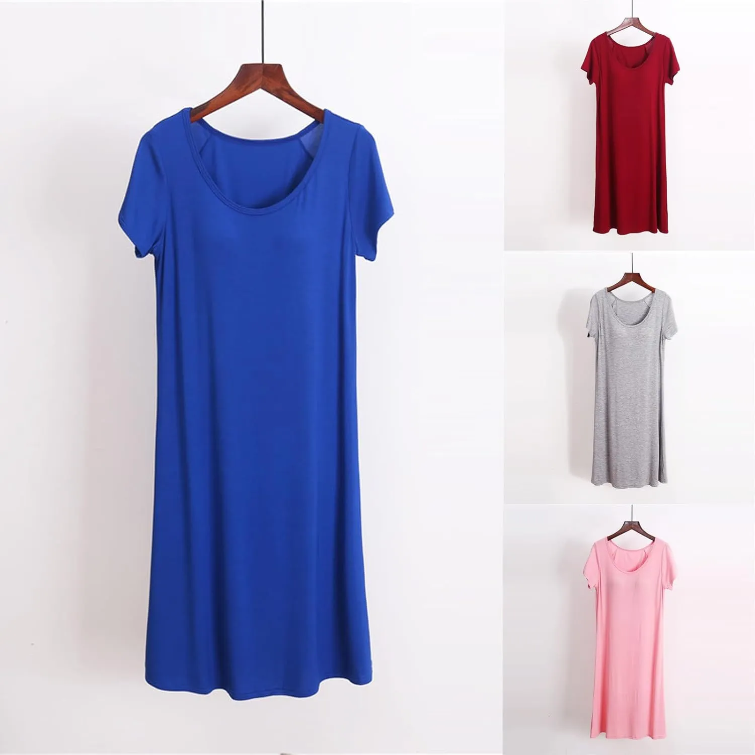 HGps8w Women's Nightgown with Built in Shelf Bra Soft Cotton Sleepwear Comfy Short Sleeve Loungewear Loose Nightshirts Dress
