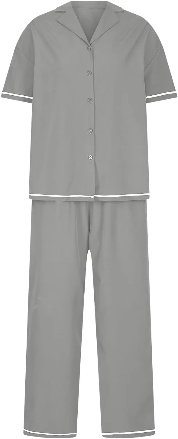 HGps8w Women's Summer Short Sleeve Pajamas Button Down Lapel Top with Long Pants 2 Piece Sleepwear Soft Pjs Lounge Sets
