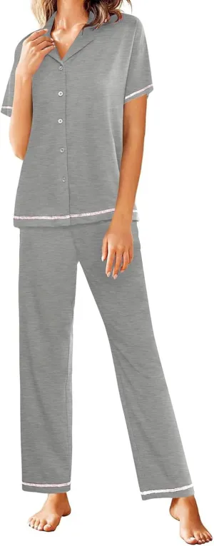 HGps8w Women's Summer Short Sleeve Pajamas Button Down Lapel Top with Long Pants 2 Piece Sleepwear Soft Pjs Lounge Sets