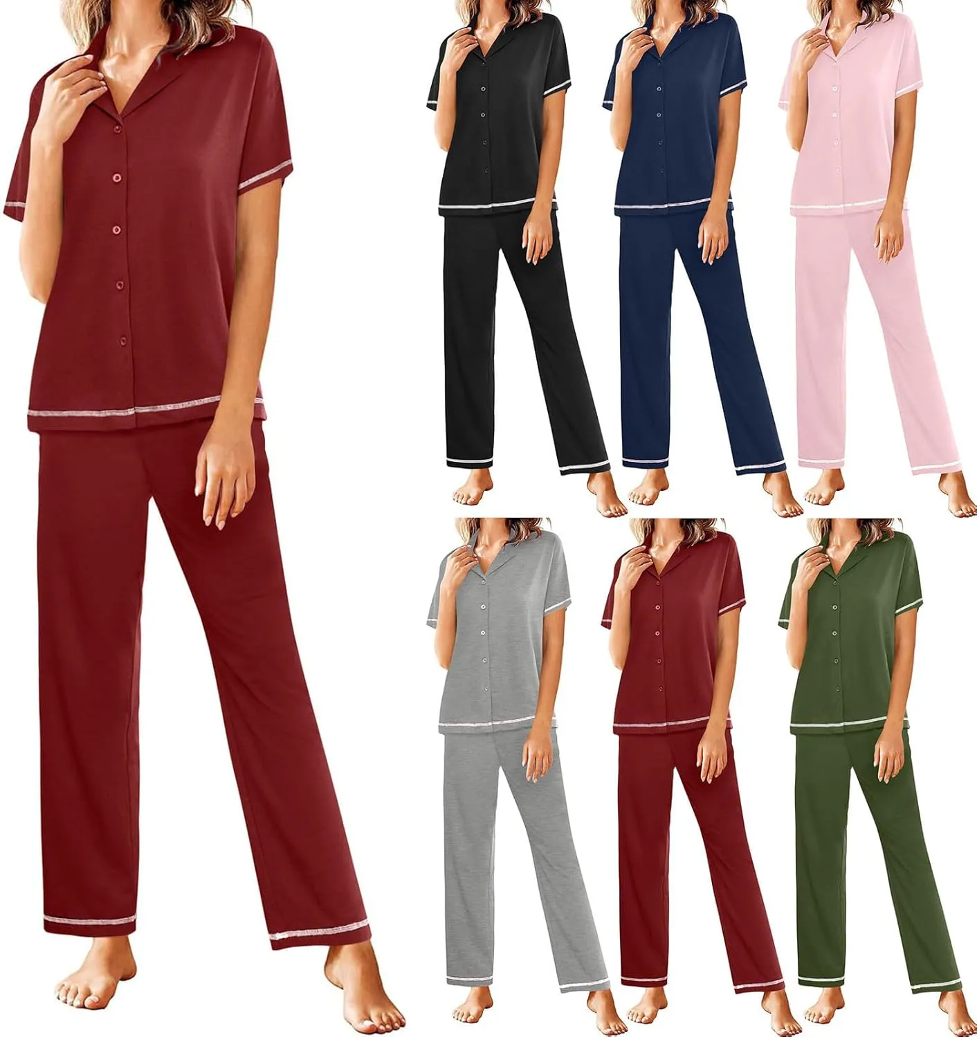 HGps8w Women's Summer Short Sleeve Pajamas Button Down Lapel Top with Long Pants 2 Piece Sleepwear Soft Pjs Lounge Sets