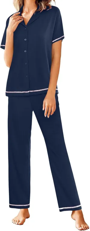 HGps8w Women's Summer Short Sleeve Pajamas Button Down Lapel Top with Long Pants 2 Piece Sleepwear Soft Pjs Lounge Sets