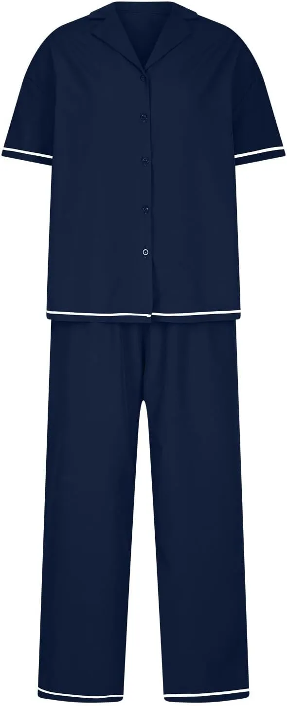 HGps8w Women's Summer Short Sleeve Pajamas Button Down Lapel Top with Long Pants 2 Piece Sleepwear Soft Pjs Lounge Sets