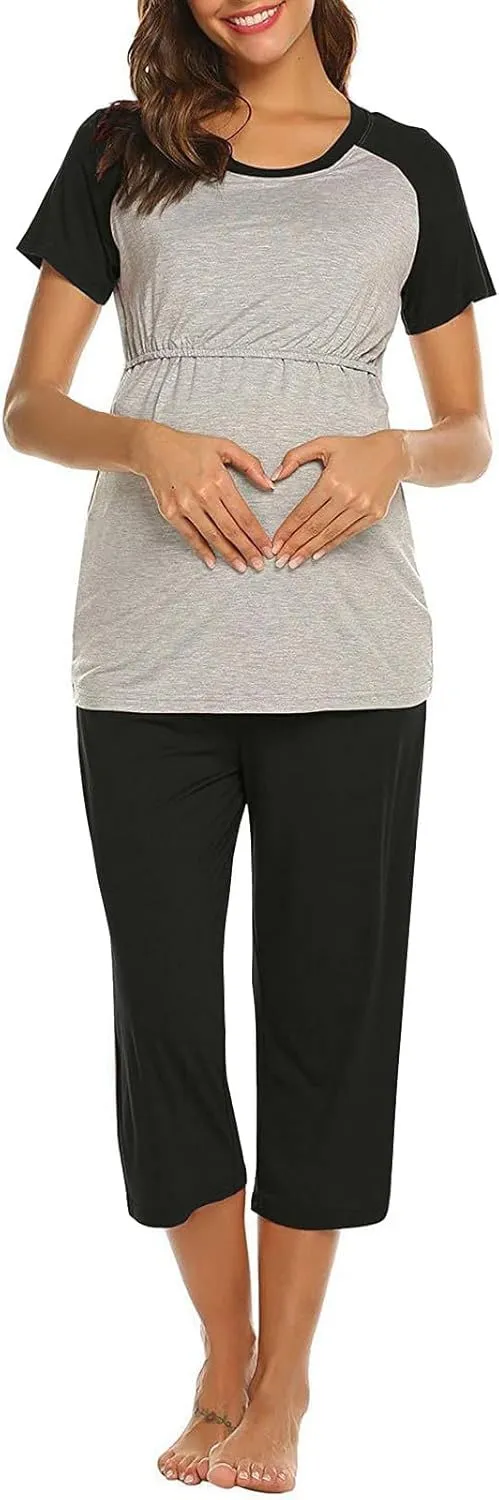 HGps8w Women's Summer Short Sleeve Pajamas Color Block Breastfeeding Nursing Top Capri Pants Sleepwear Soft Pjs Lounge Sets