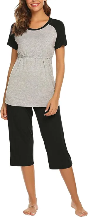 HGps8w Women's Summer Short Sleeve Pajamas Color Block Breastfeeding Nursing Top Capri Pants Sleepwear Soft Pjs Lounge Sets