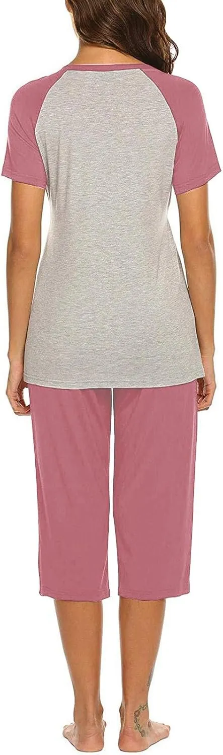HGps8w Women's Summer Short Sleeve Pajamas Color Block Breastfeeding Nursing Top Capri Pants Sleepwear Soft Pjs Lounge Sets