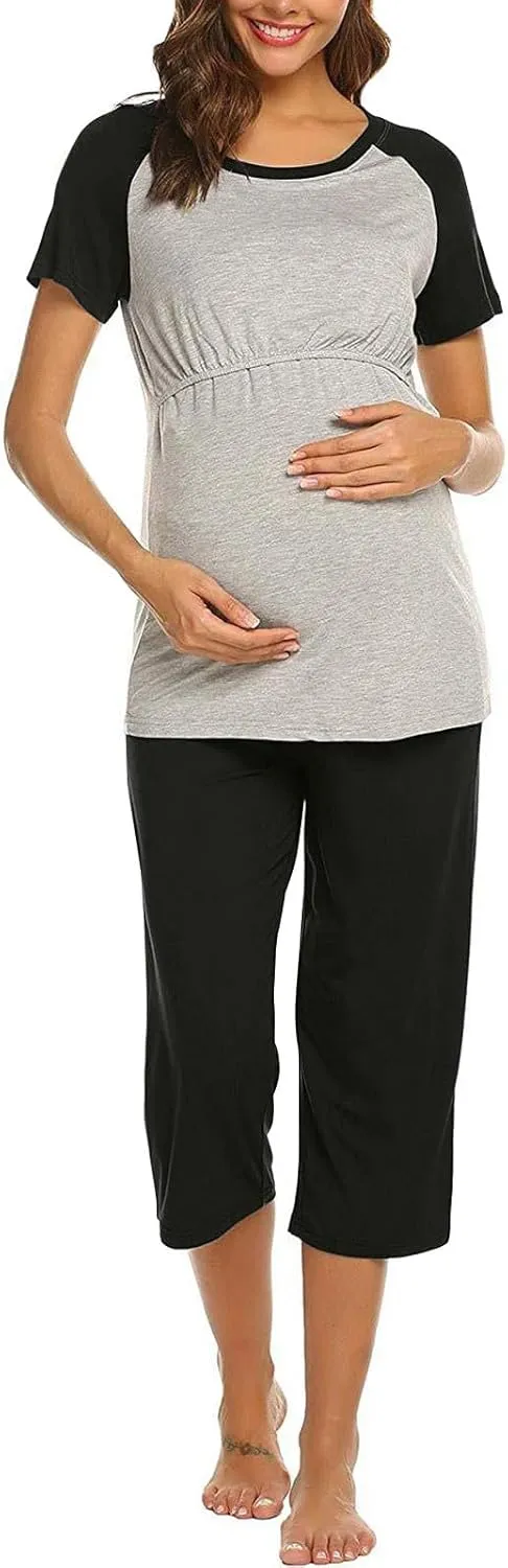 HGps8w Women's Summer Short Sleeve Pajamas Color Block Breastfeeding Nursing Top Capri Pants Sleepwear Soft Pjs Lounge Sets