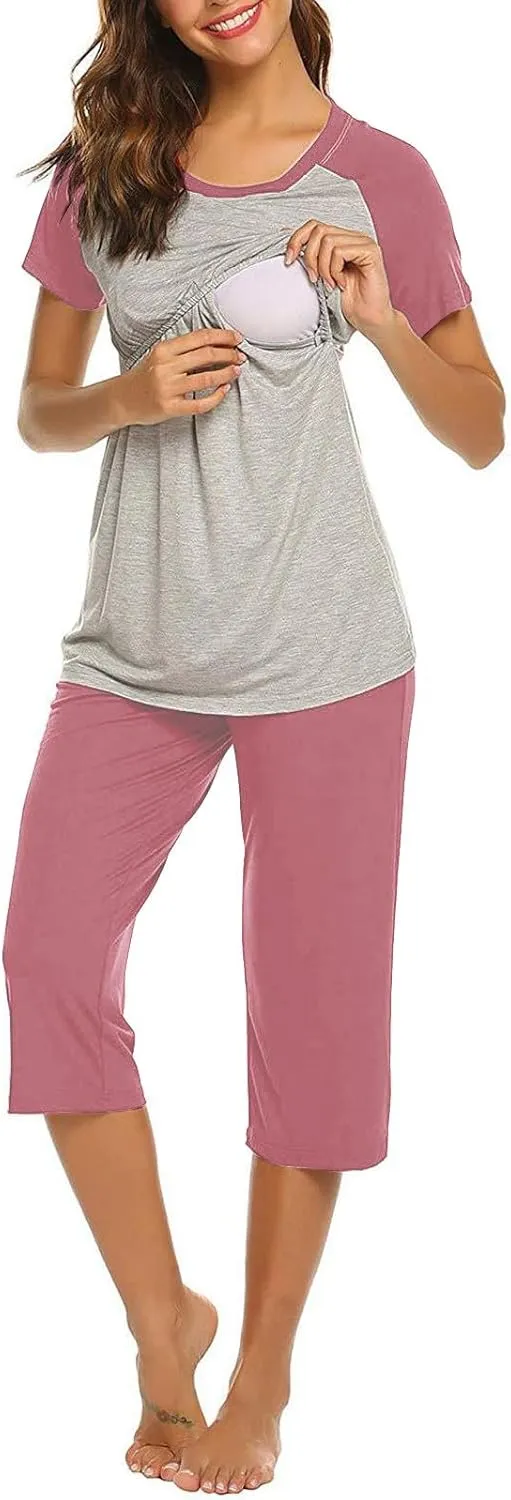 HGps8w Women's Summer Short Sleeve Pajamas Color Block Breastfeeding Nursing Top Capri Pants Sleepwear Soft Pjs Lounge Sets