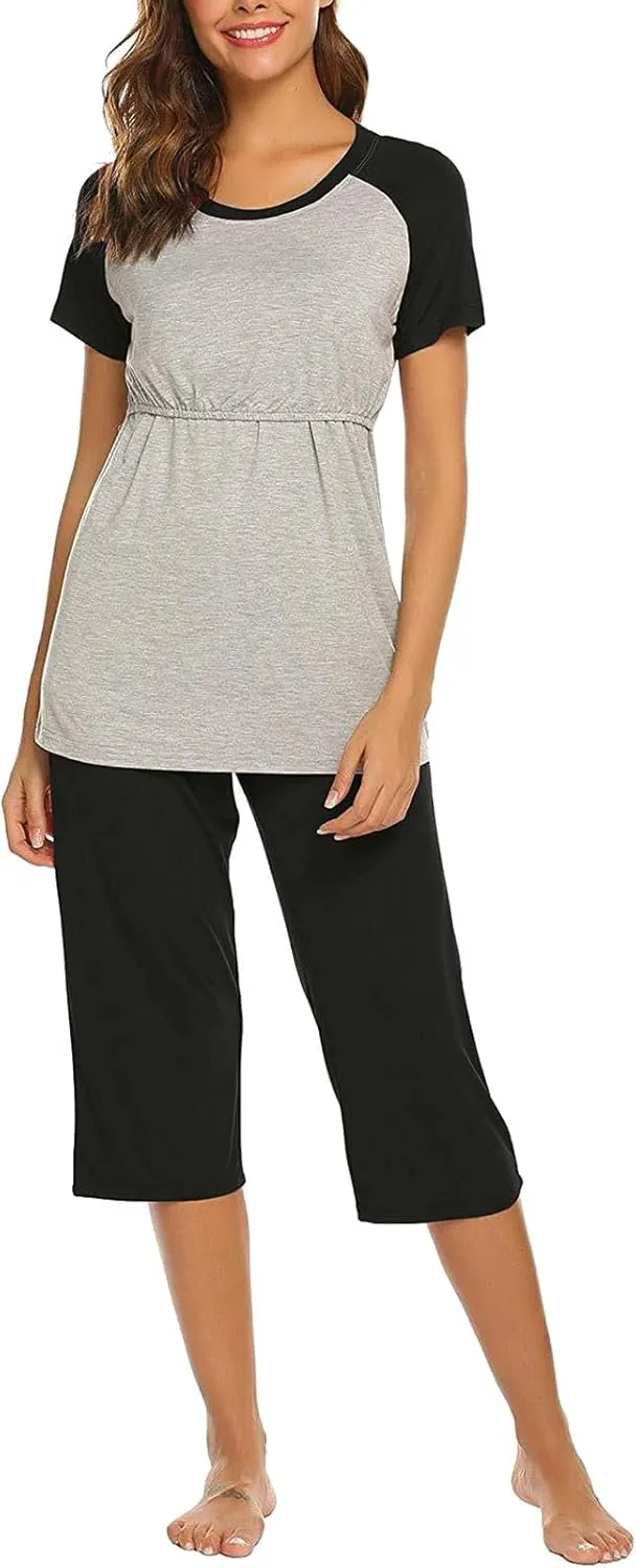 HGps8w Women's Summer Short Sleeve Pajamas Color Block Breastfeeding Nursing Top Capri Pants Sleepwear Soft Pjs Lounge Sets