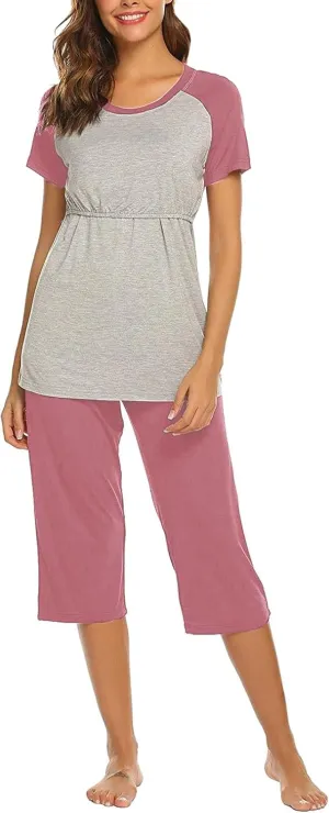 HGps8w Women's Summer Short Sleeve Pajamas Color Block Breastfeeding Nursing Top Capri Pants Sleepwear Soft Pjs Lounge Sets
