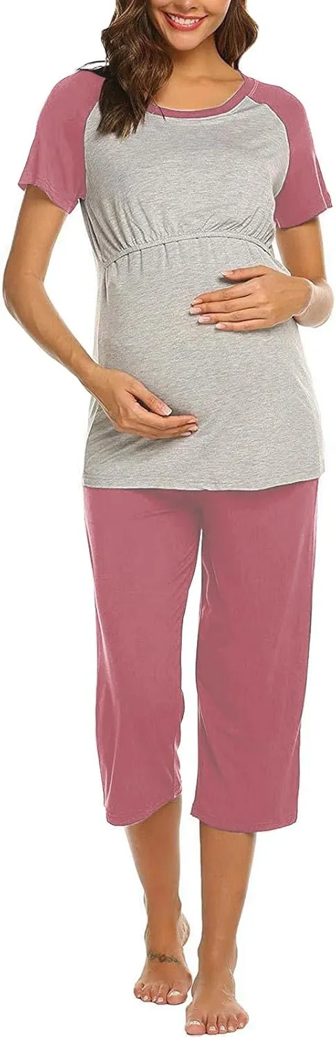 HGps8w Women's Summer Short Sleeve Pajamas Color Block Breastfeeding Nursing Top Capri Pants Sleepwear Soft Pjs Lounge Sets