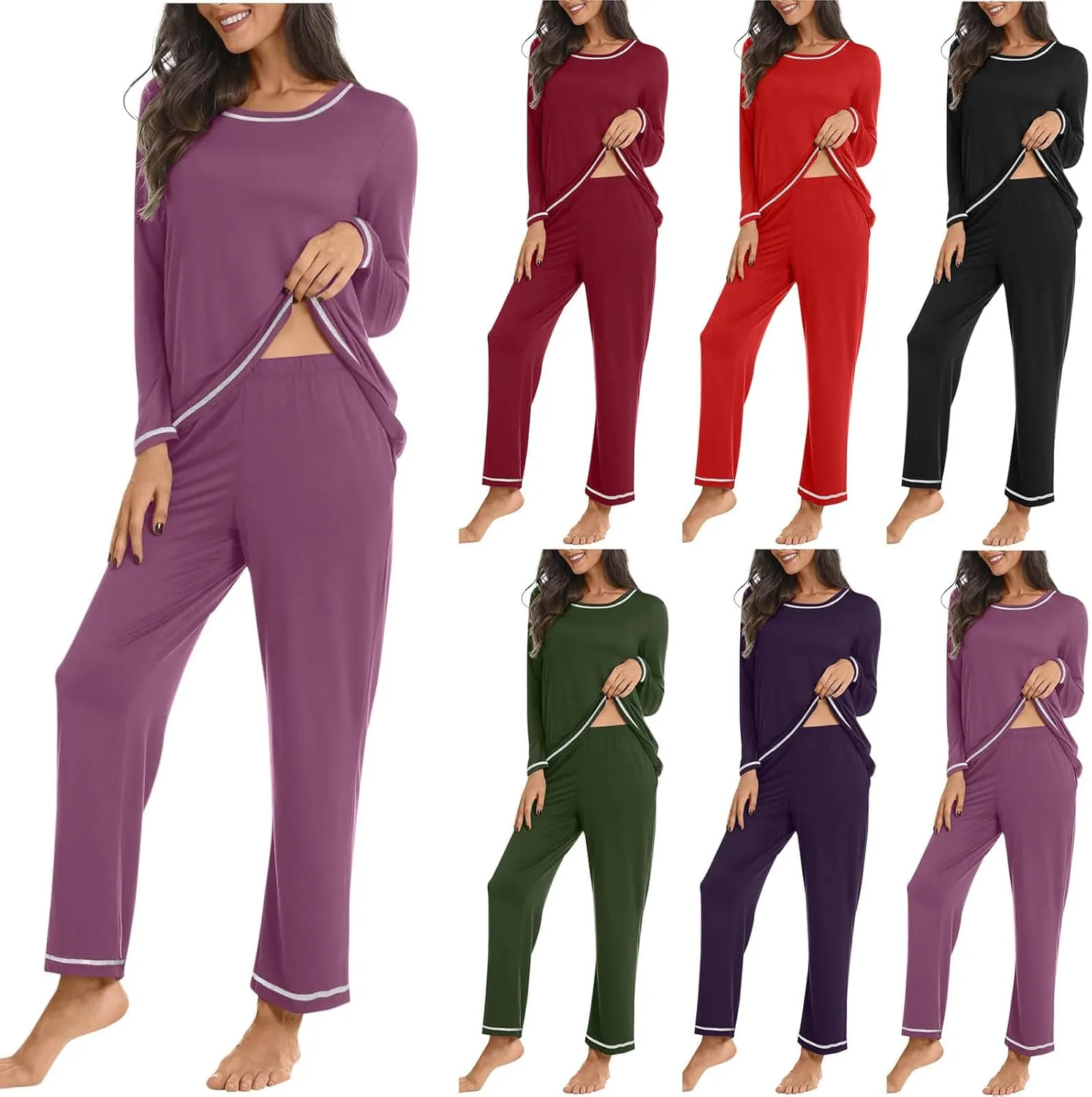 HGps8w Women's Ultra-Soft Pajamas Sets Pullover Casual Long Sleeve Sleepwear Matching Comfy Long Pants Loose Lounge Set